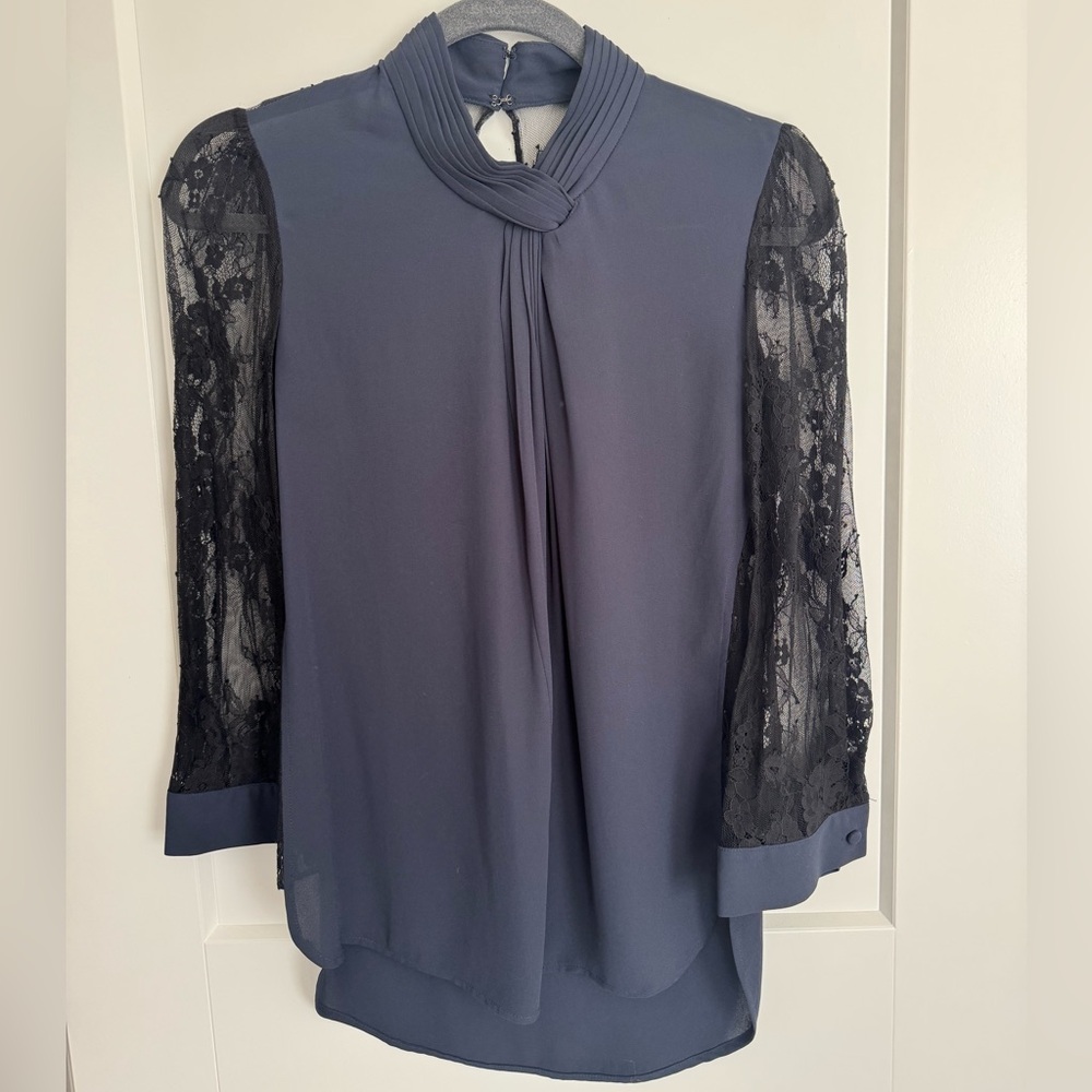 Alice by Temperley Blue Blouse with Long Black Lace Sleeves in US Size 4